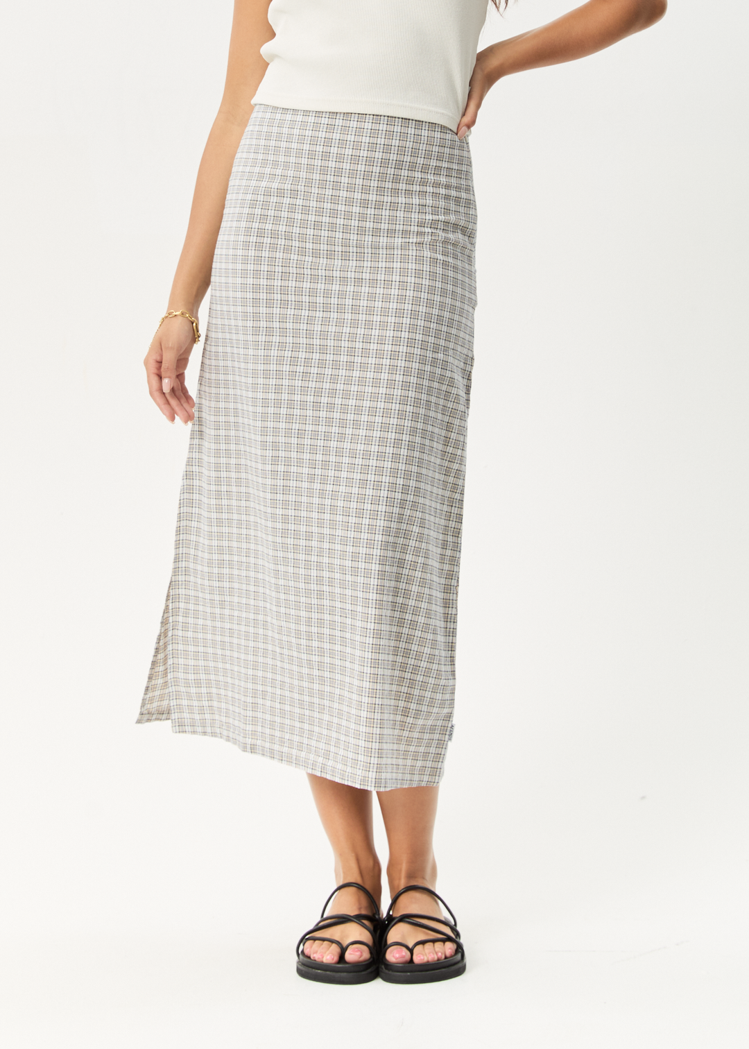 AFENDS Womens Drew - Seersucker Midi Skirt - Taupe Check