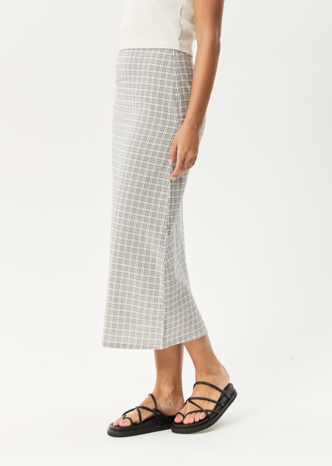 AFENDS Womens Drew - Seersucker Midi Skirt - Taupe Check