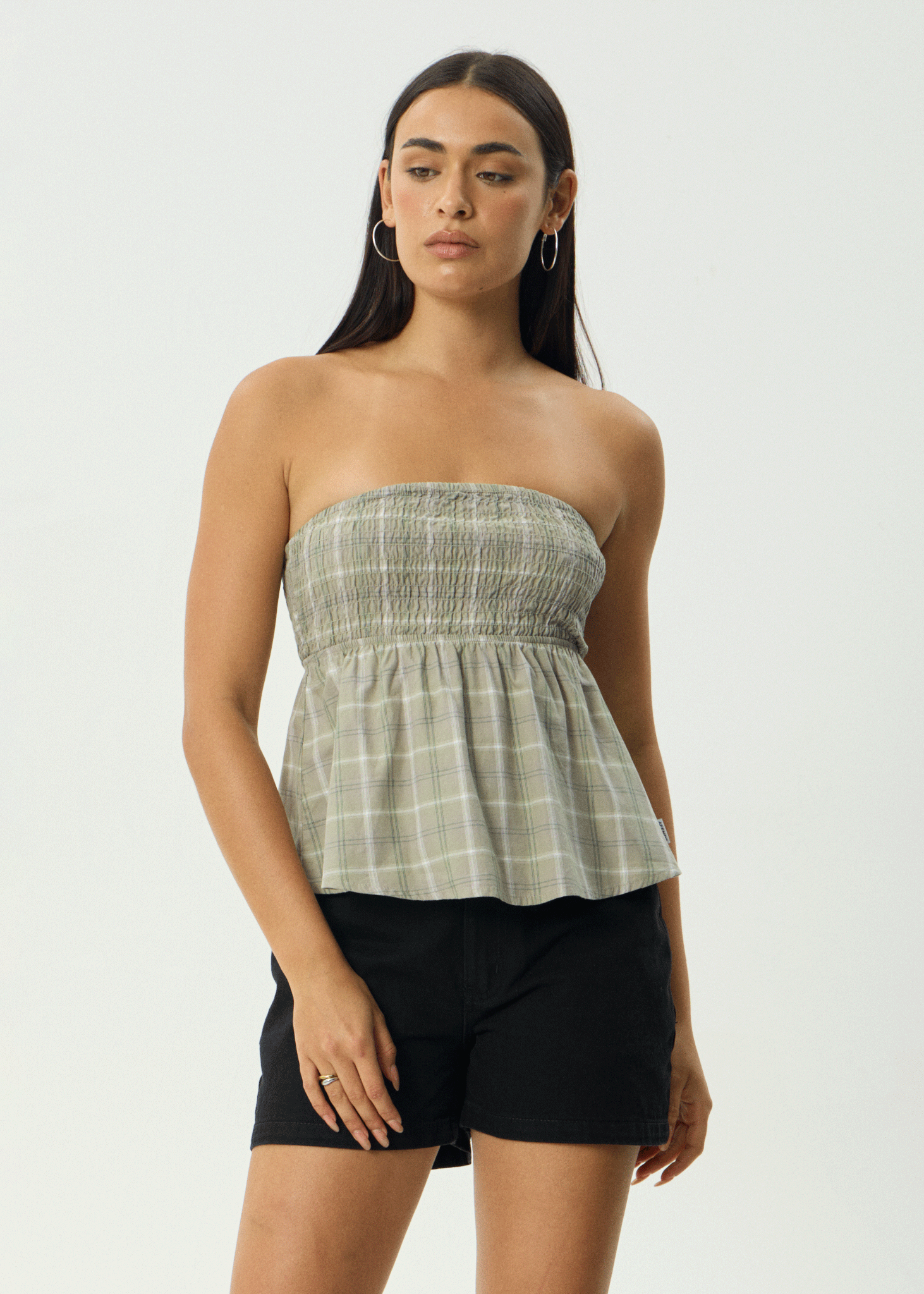 AFENDS Womens Scout - Check Strapless Top - Olive Check