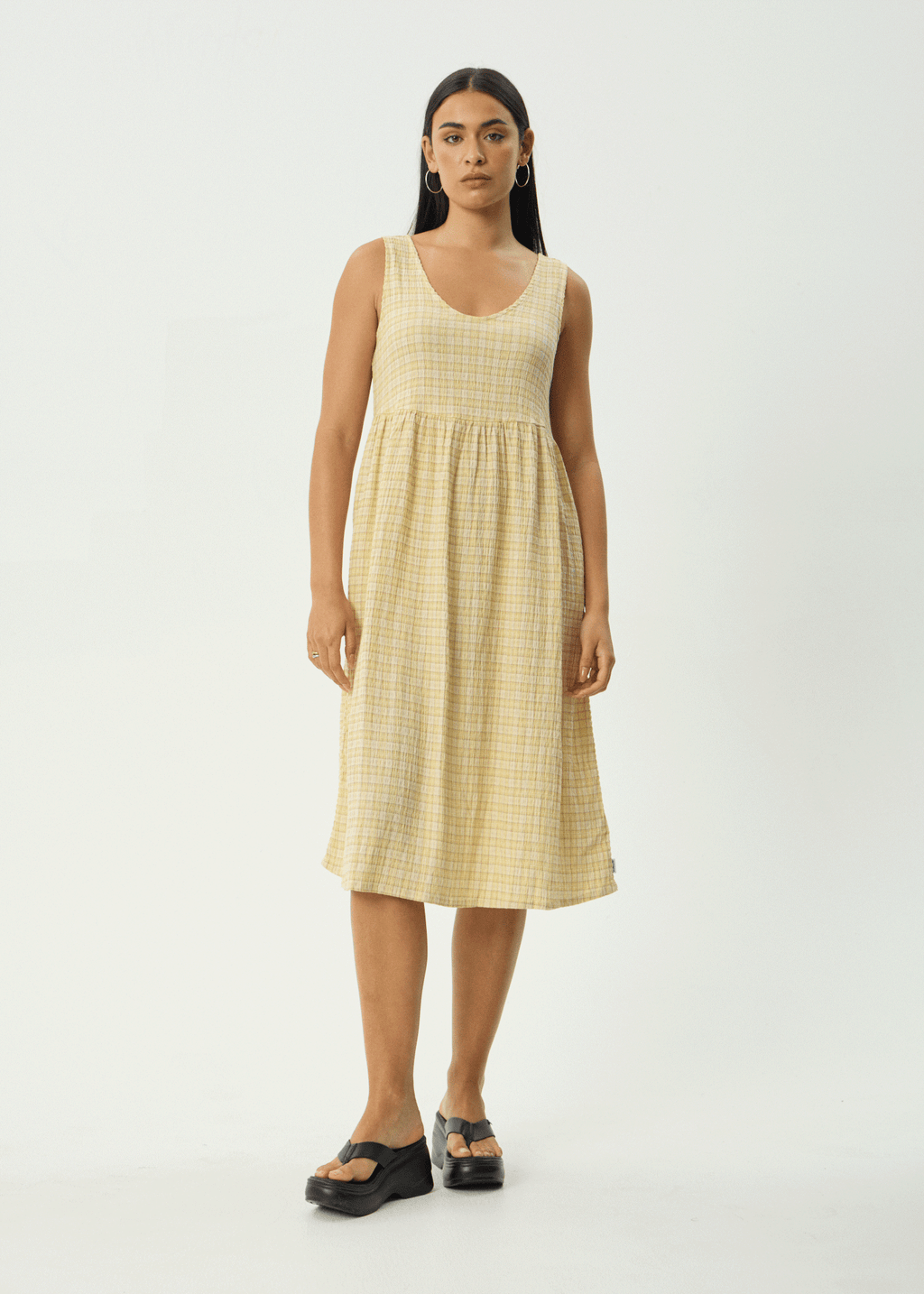 AFENDS Womens Sunday - Seersucker Check Midi Dress - Lemon Check