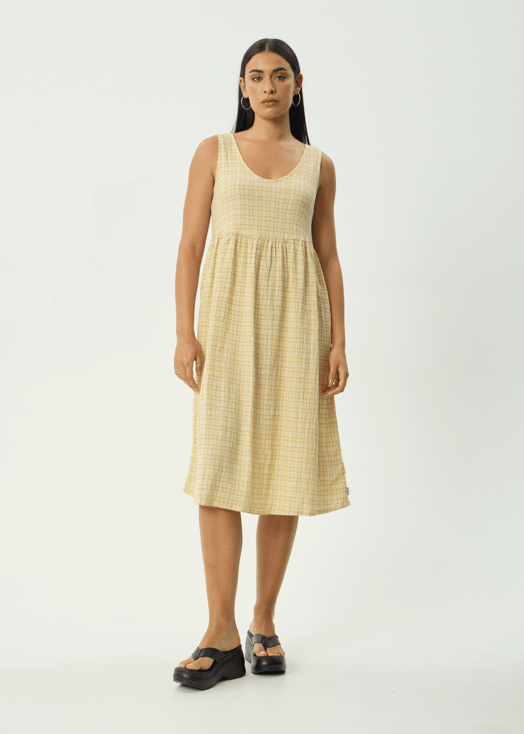 AFENDS Womens Sunday - Seersucker Check Midi Dress - Lemon Check
