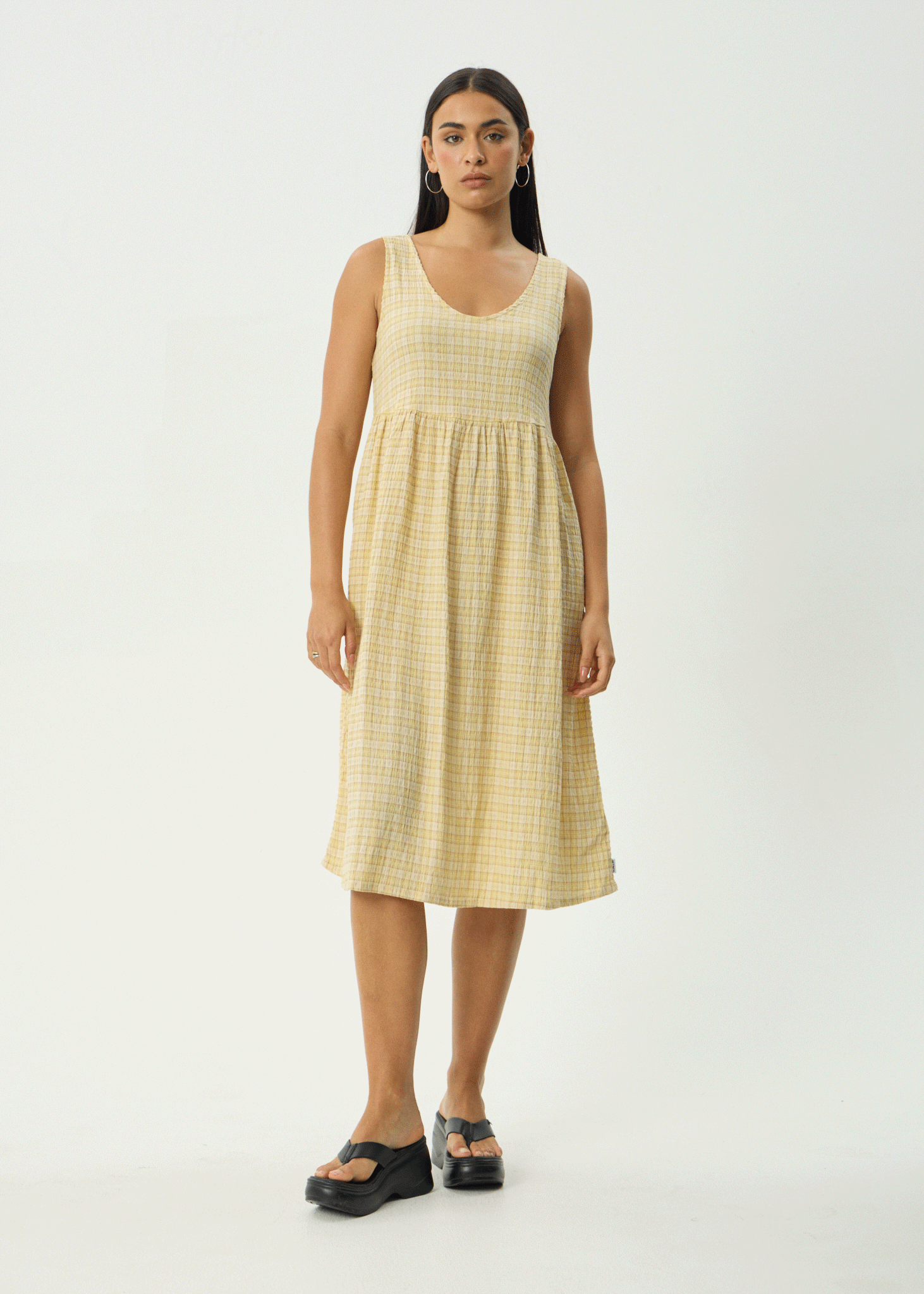 AFENDS Womens Sunday - Seersucker Check Midi Dress - Lemon Check