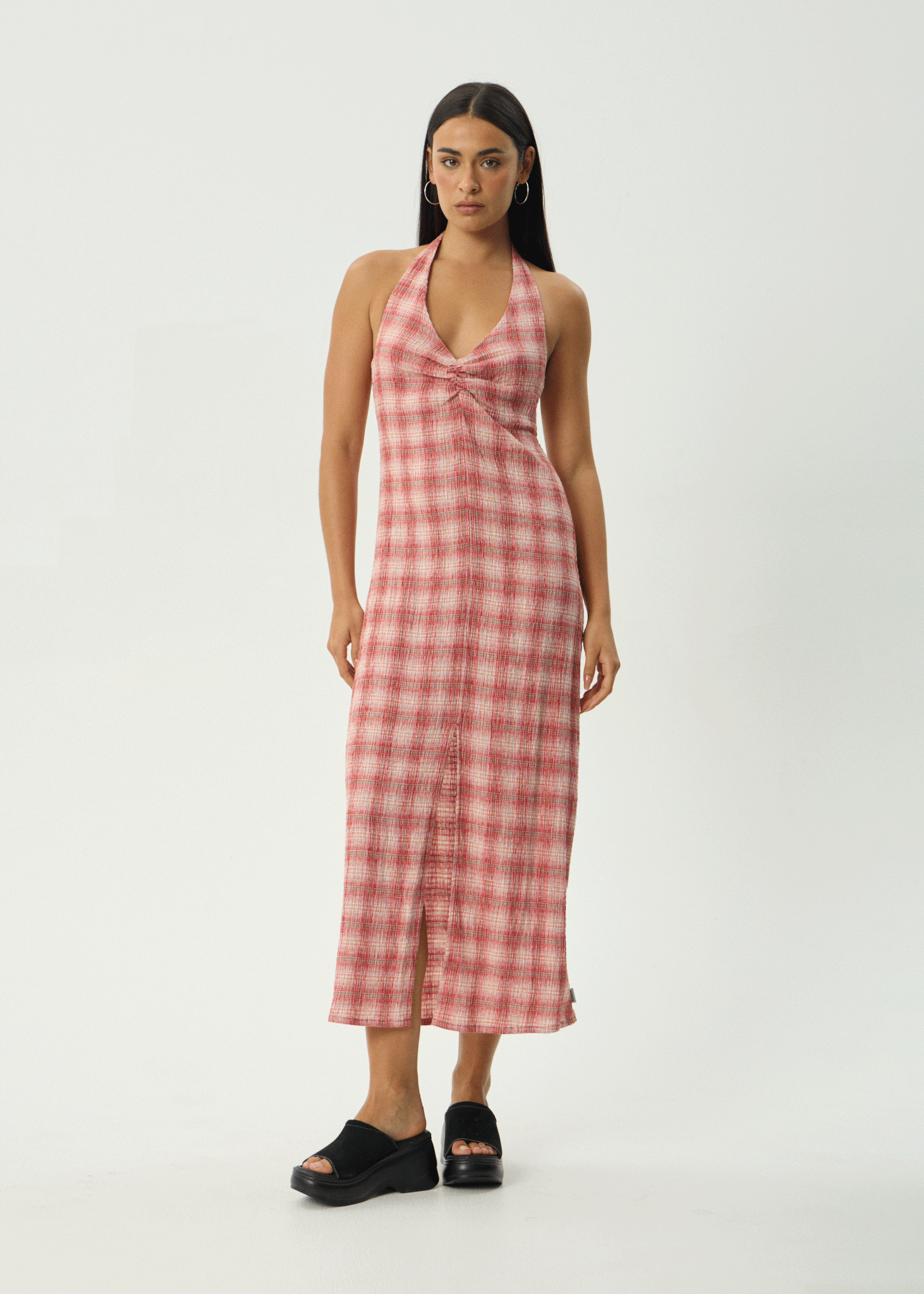 AFENDS Womens Position Andy - Seersucker Halter Dress - Red Check