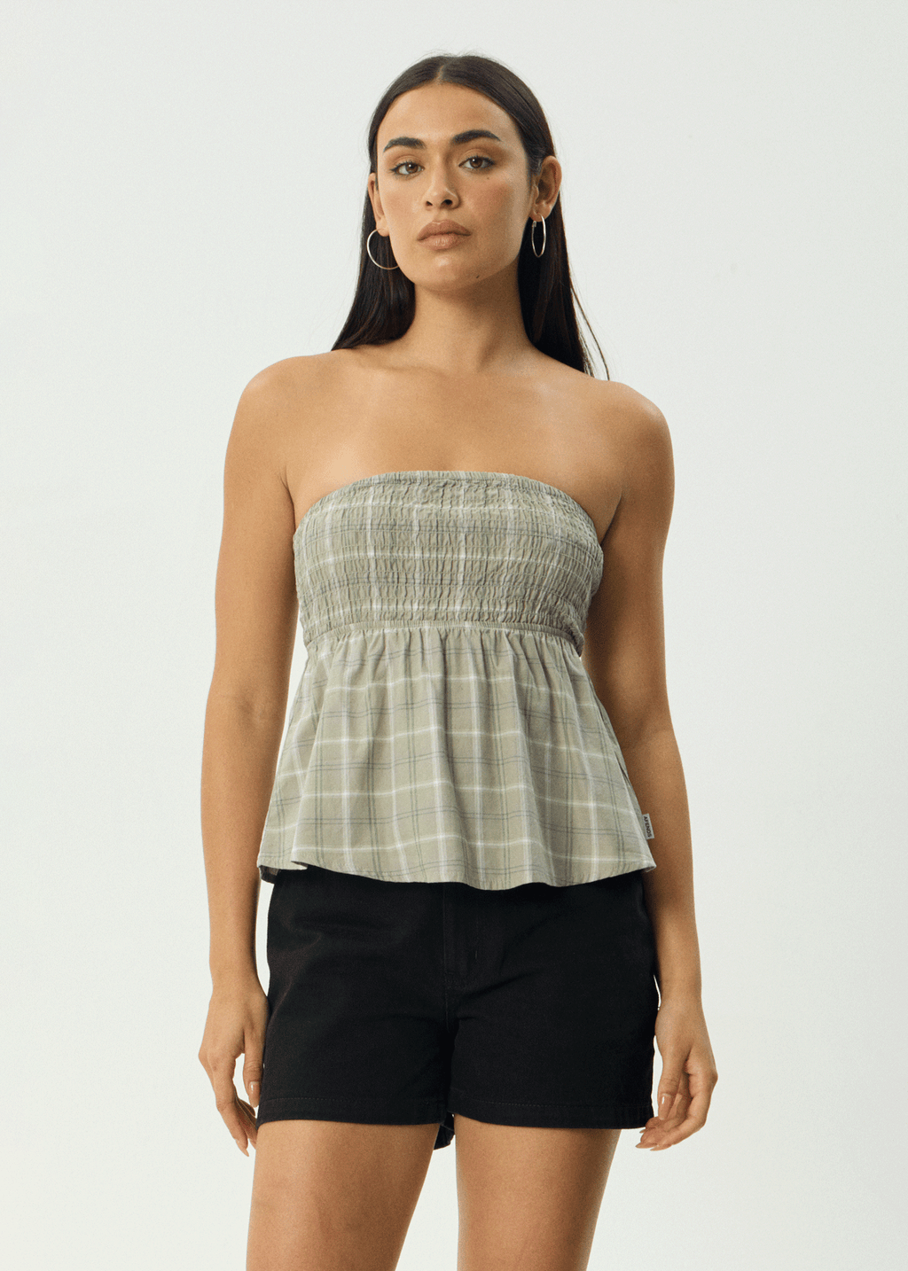 AFENDS Womens Scout - Check Strapless Top - Olive Check