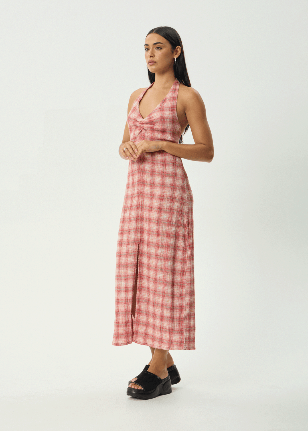 AFENDS Womens Position Andy - Seersucker Halter Dress - Red Check