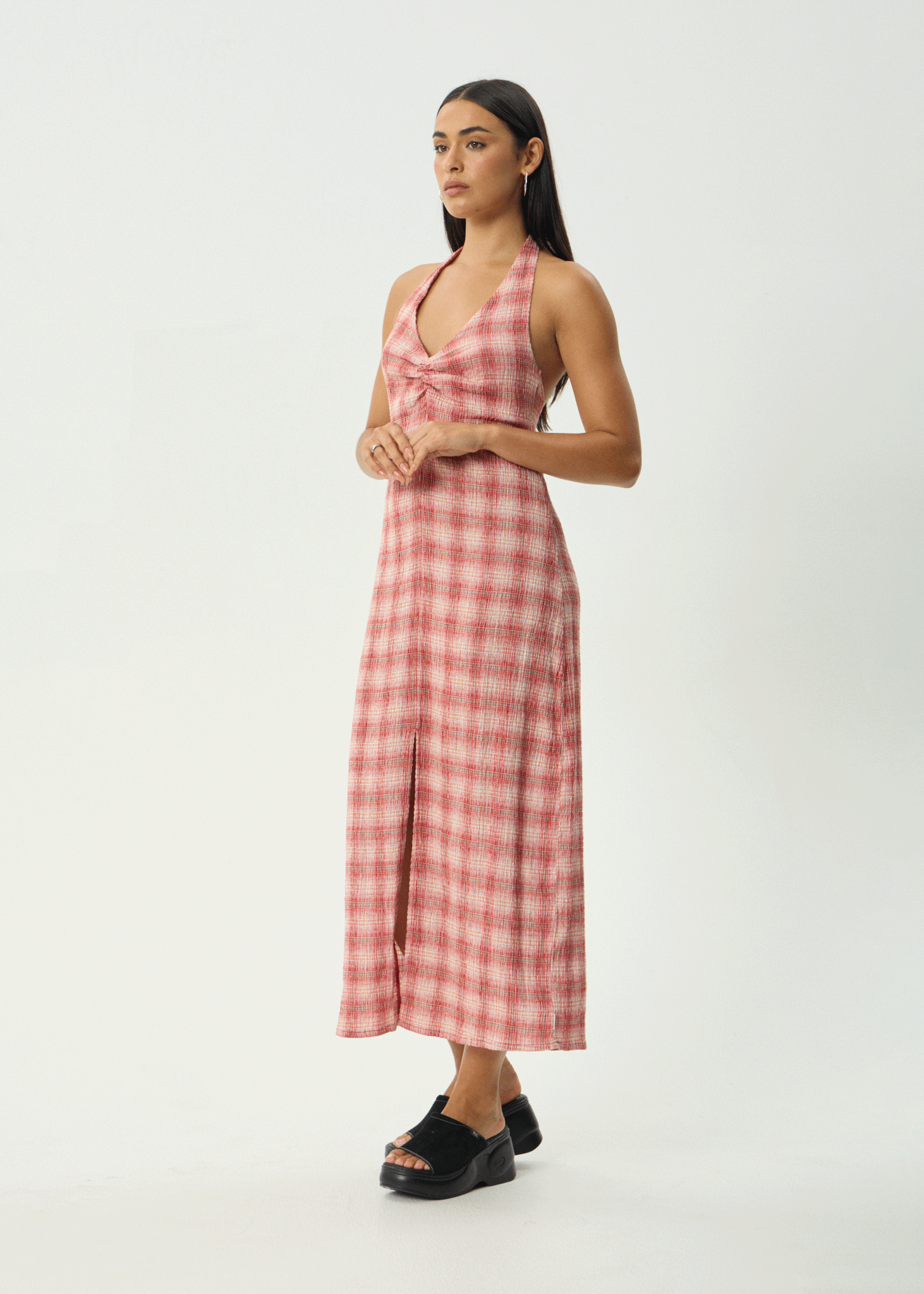 AFENDS Womens Position Andy - Seersucker Halter Dress - Red Check