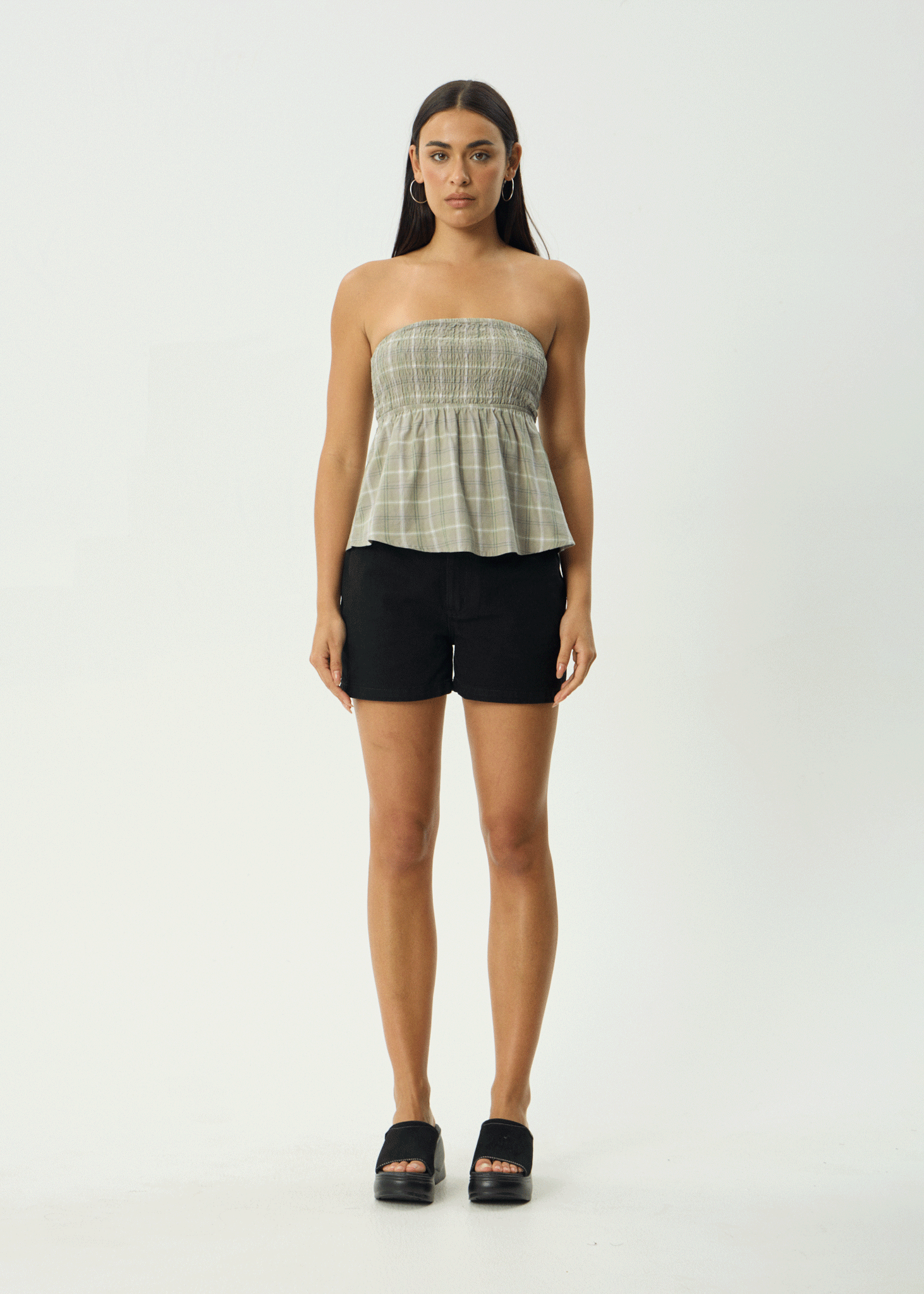 AFENDS Womens Scout - Check Strapless Top - Olive Check