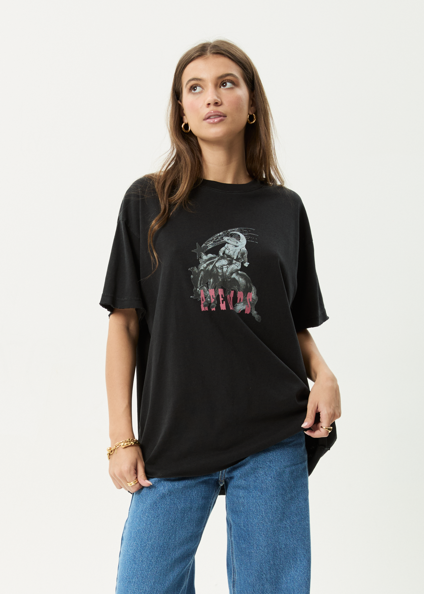 AFENDS Womens Cosmic Cow - Oversized Tee - Stone Black
