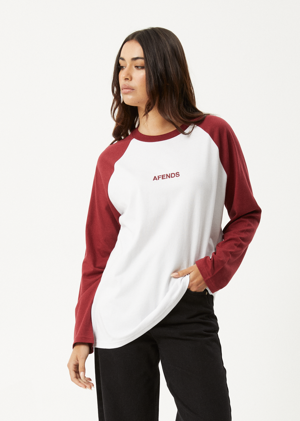 AFENDS Womens Ryan - Oversized Long Sleeve Raglan Tee - Burgundy