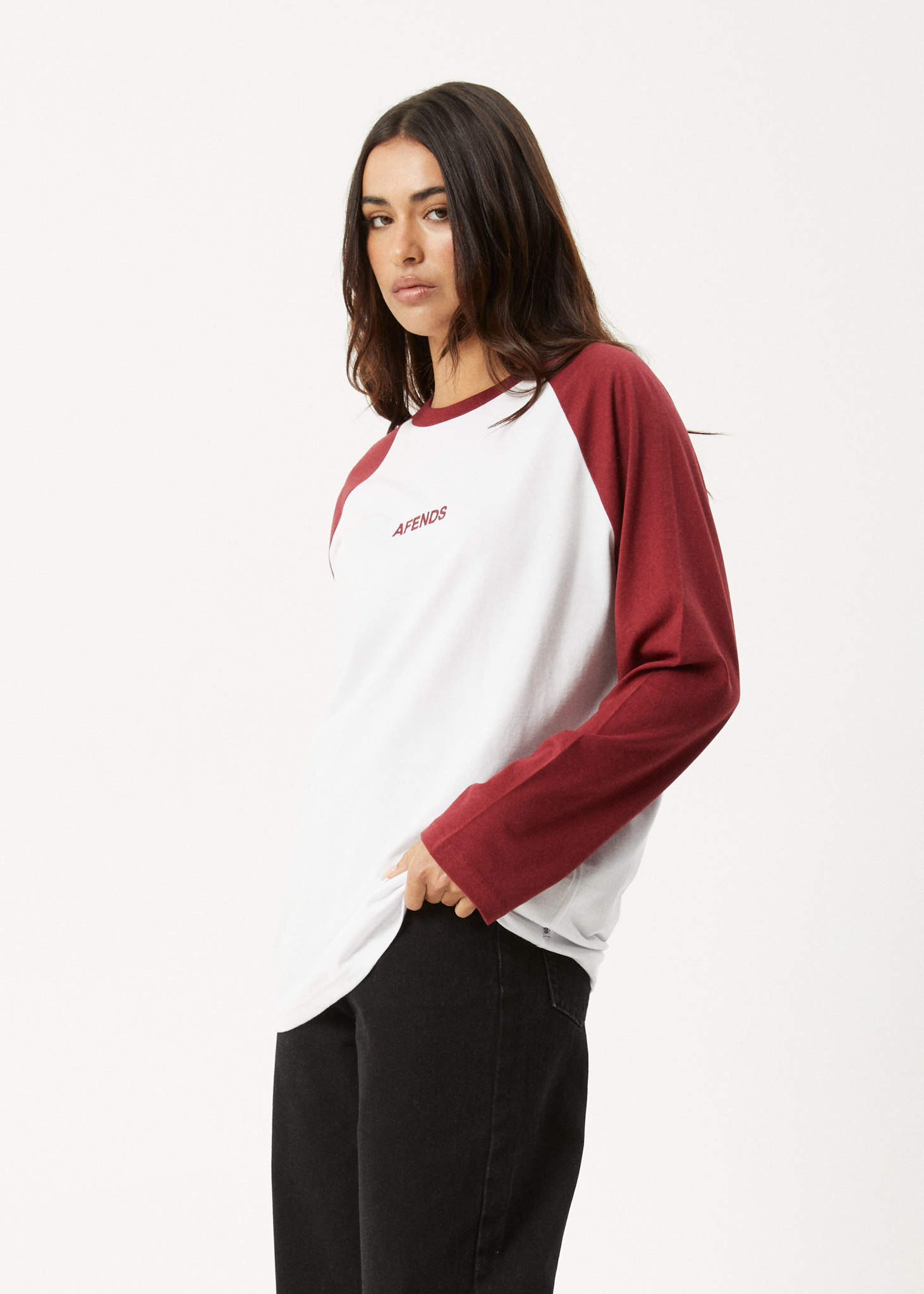 AFENDS Womens Ryan - Oversized Long Sleeve Raglan Tee - Burgundy