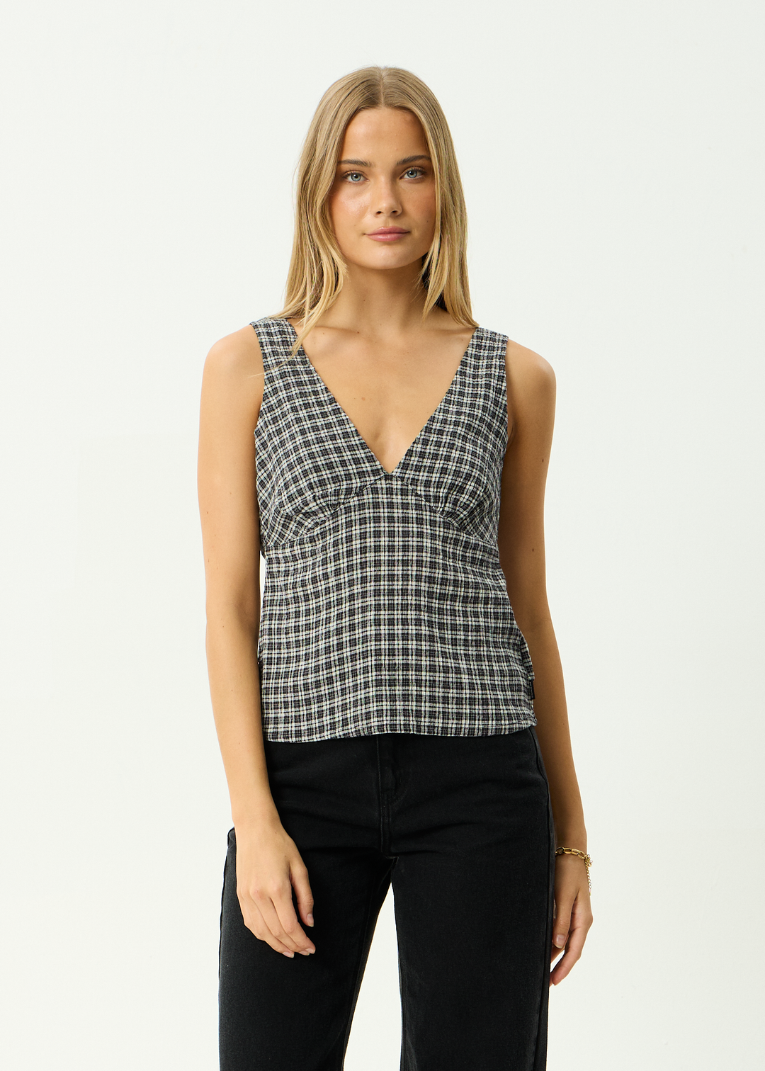 AFENDS Womens Giselle Asta - Seersucker Top - Steel Check