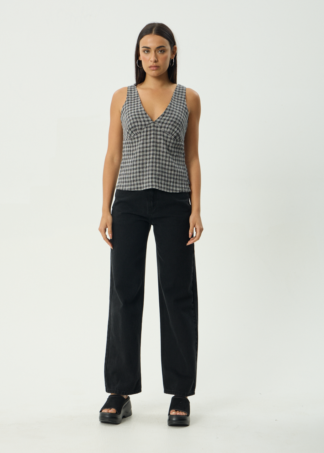 AFENDS Womens Giselle Asta - Seersucker Top - Steel Check