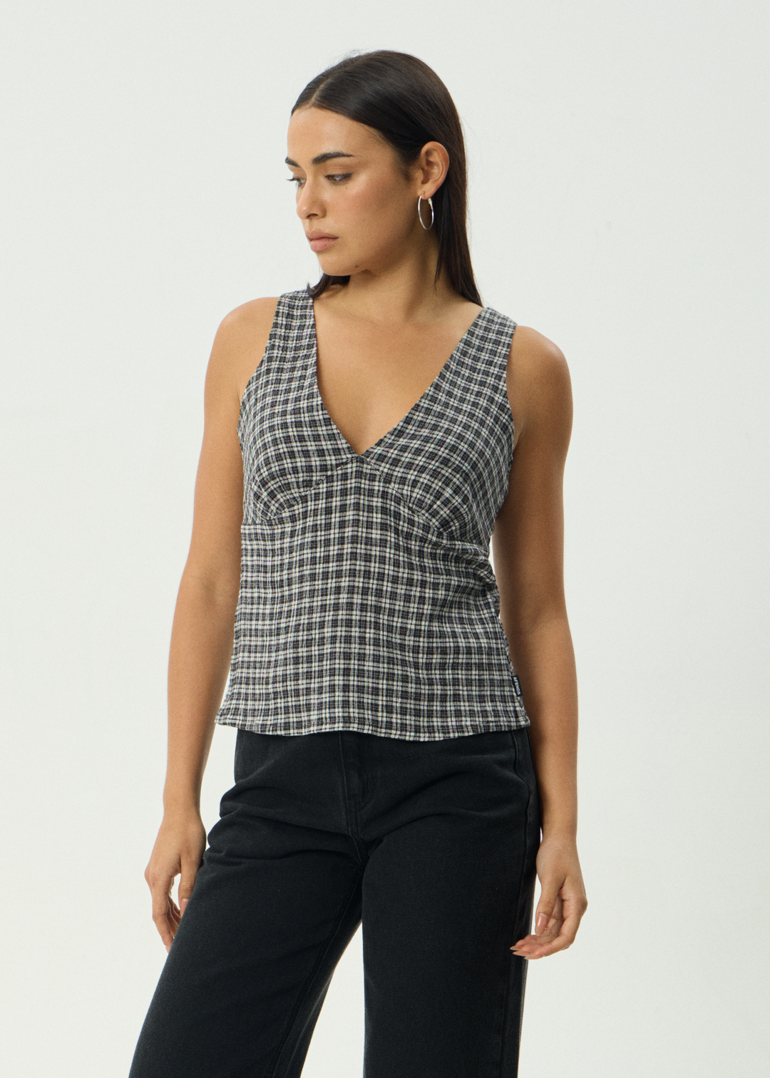 AFENDS Womens Giselle Asta - Seersucker Top - Steel Check