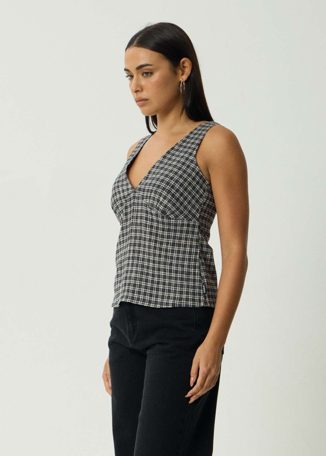 AFENDS Womens Giselle Asta - Seersucker Top - Steel Check