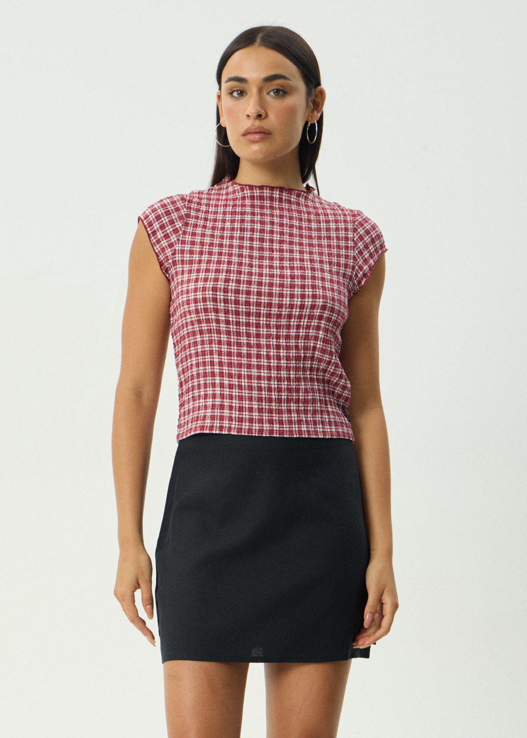 AFENDS Womens Base - Seersucker Mock Neck Top - Burgundy Check