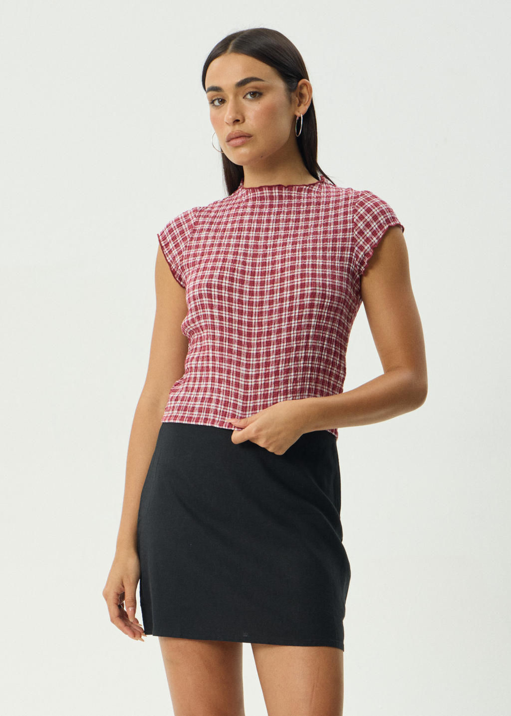 AFENDS Womens Base - Seersucker Mock Neck Top - Burgundy Check