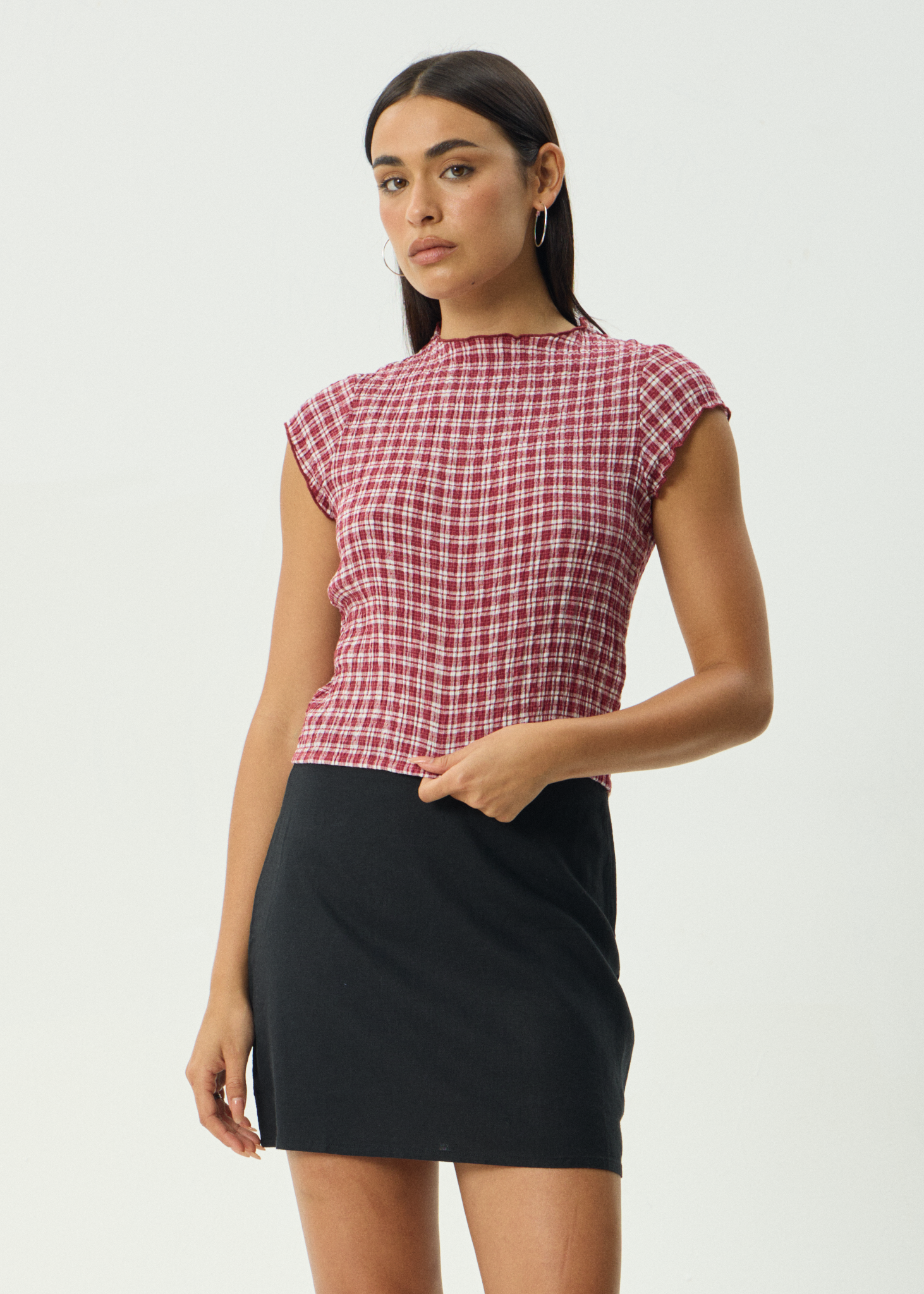 AFENDS Womens Base - Seersucker Mock Neck Top - Burgundy Check