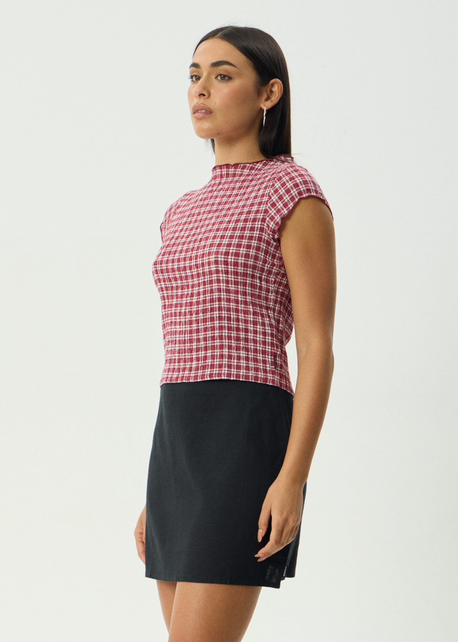 AFENDS Womens Base - Seersucker Mock Neck Top - Burgundy Check