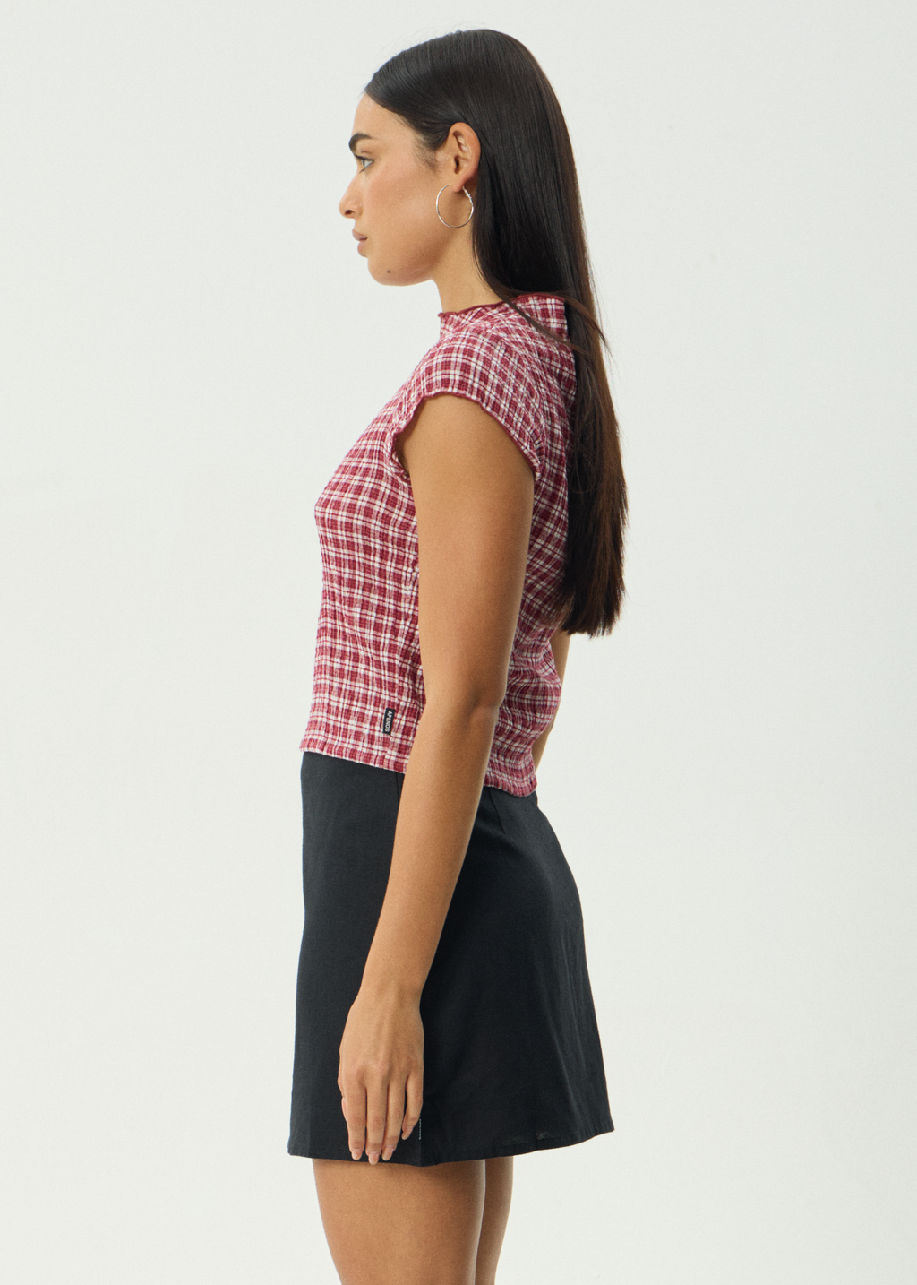 AFENDS Womens Base - Seersucker Mock Neck Top - Burgundy Check