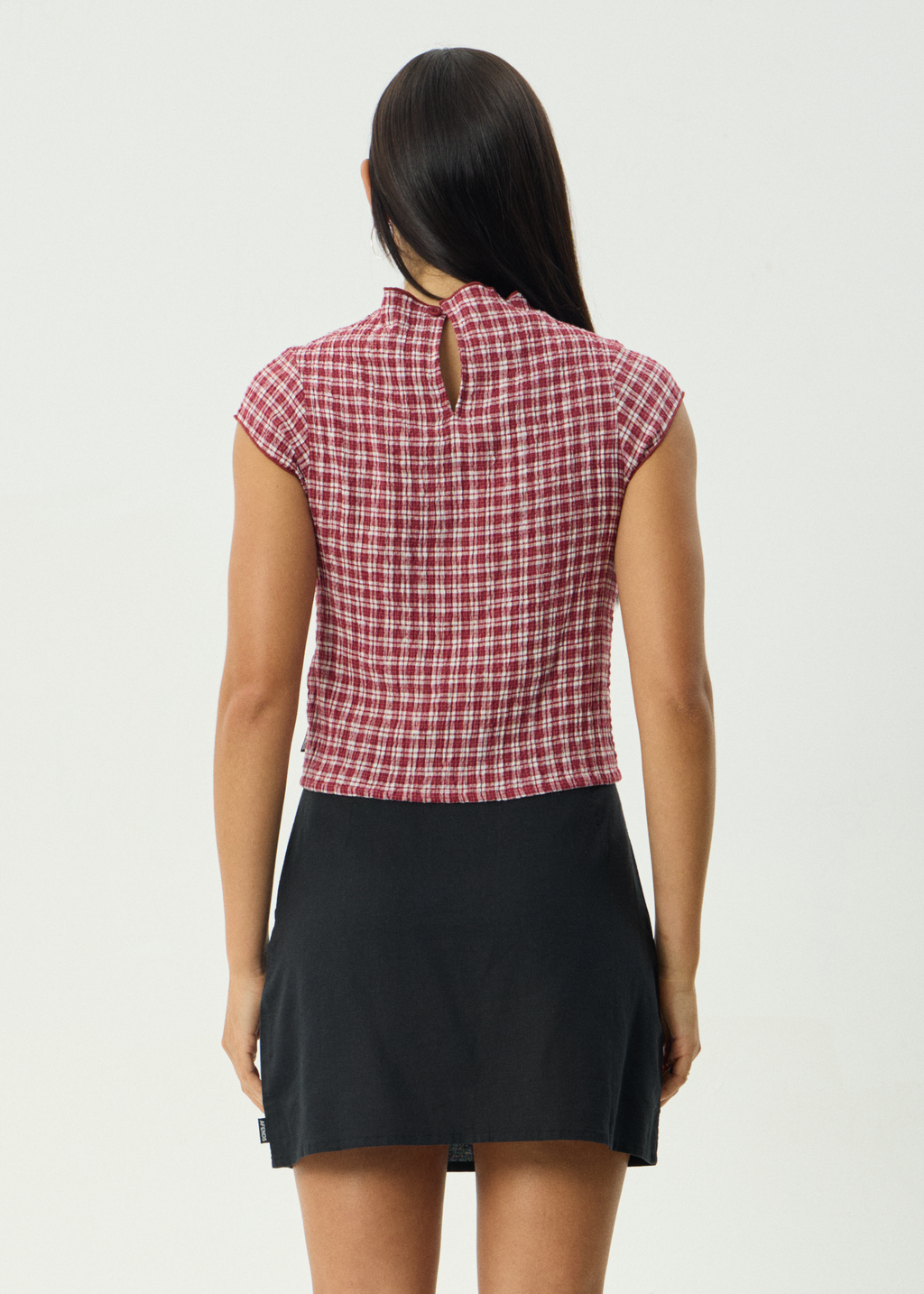 AFENDS Womens Base - Seersucker Mock Neck Top - Burgundy Check