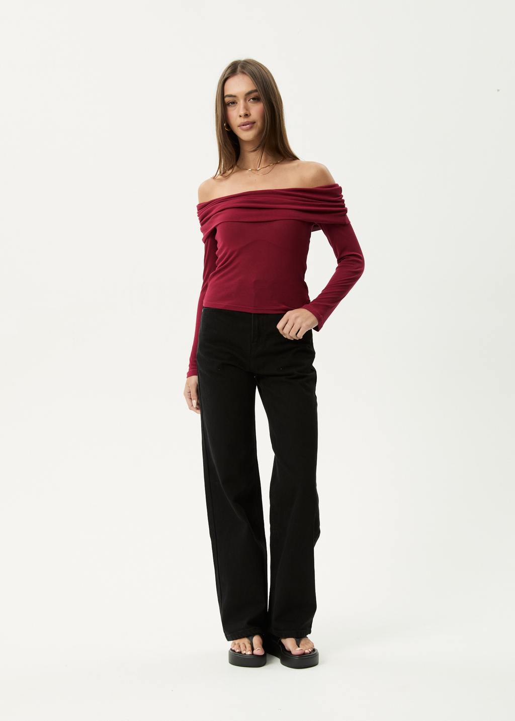 AFENDS Womens Beckett - Off-Shoulder Long Sleeve Top - Burgundy