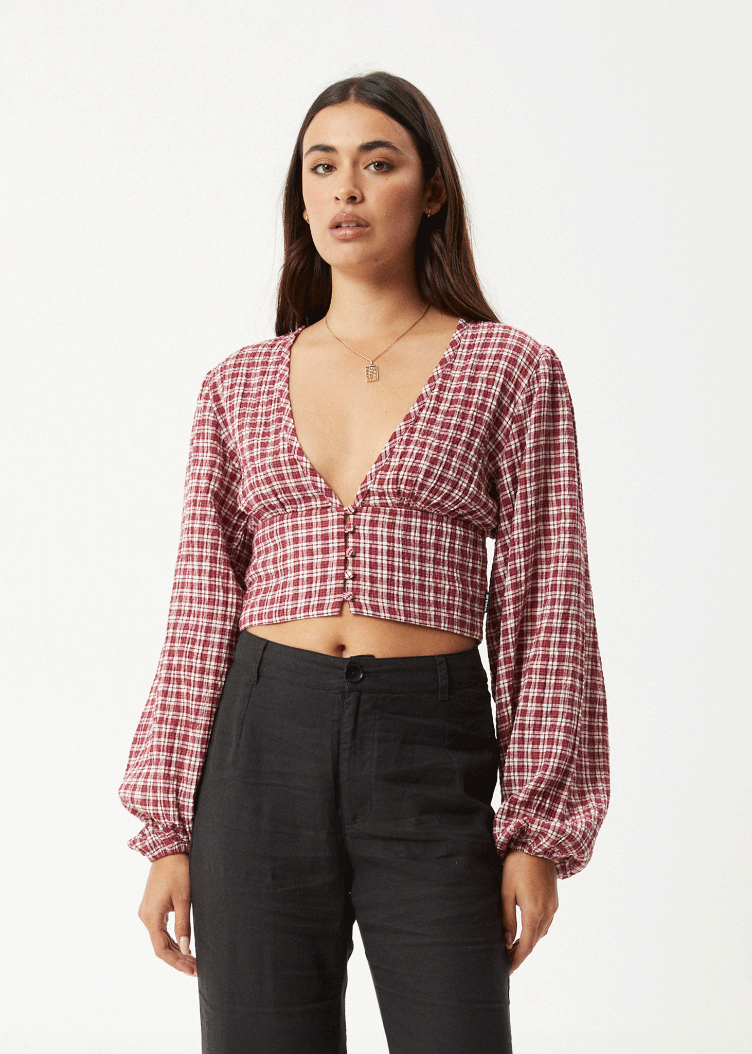 AFENDS Womens Base - Seersucker Long Sleeve Top - Burgundy Check