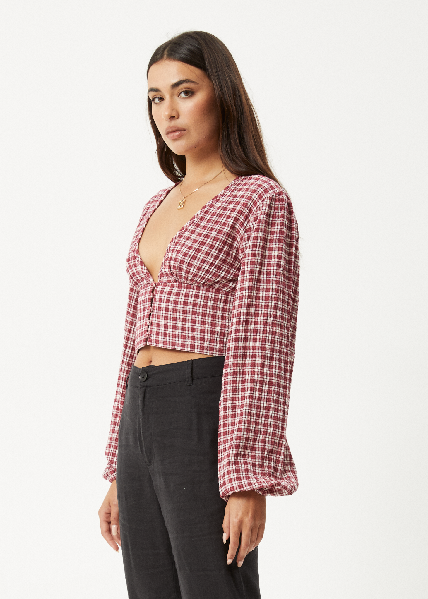 AFENDS Womens Base - Seersucker Long Sleeve Top - Burgundy Check