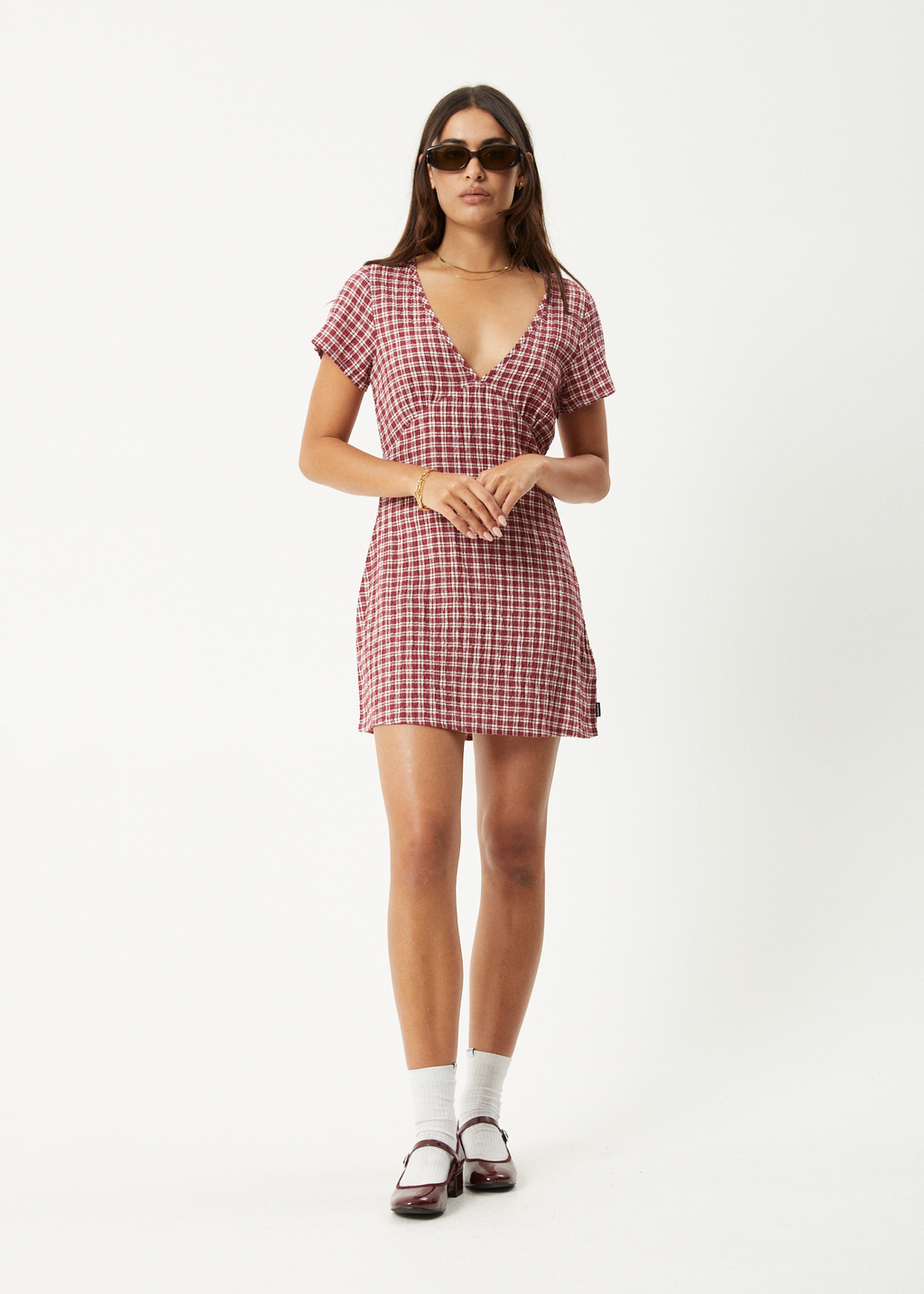 AFENDS Womens Base - Seersucker Mini Dress - Burgundy Check