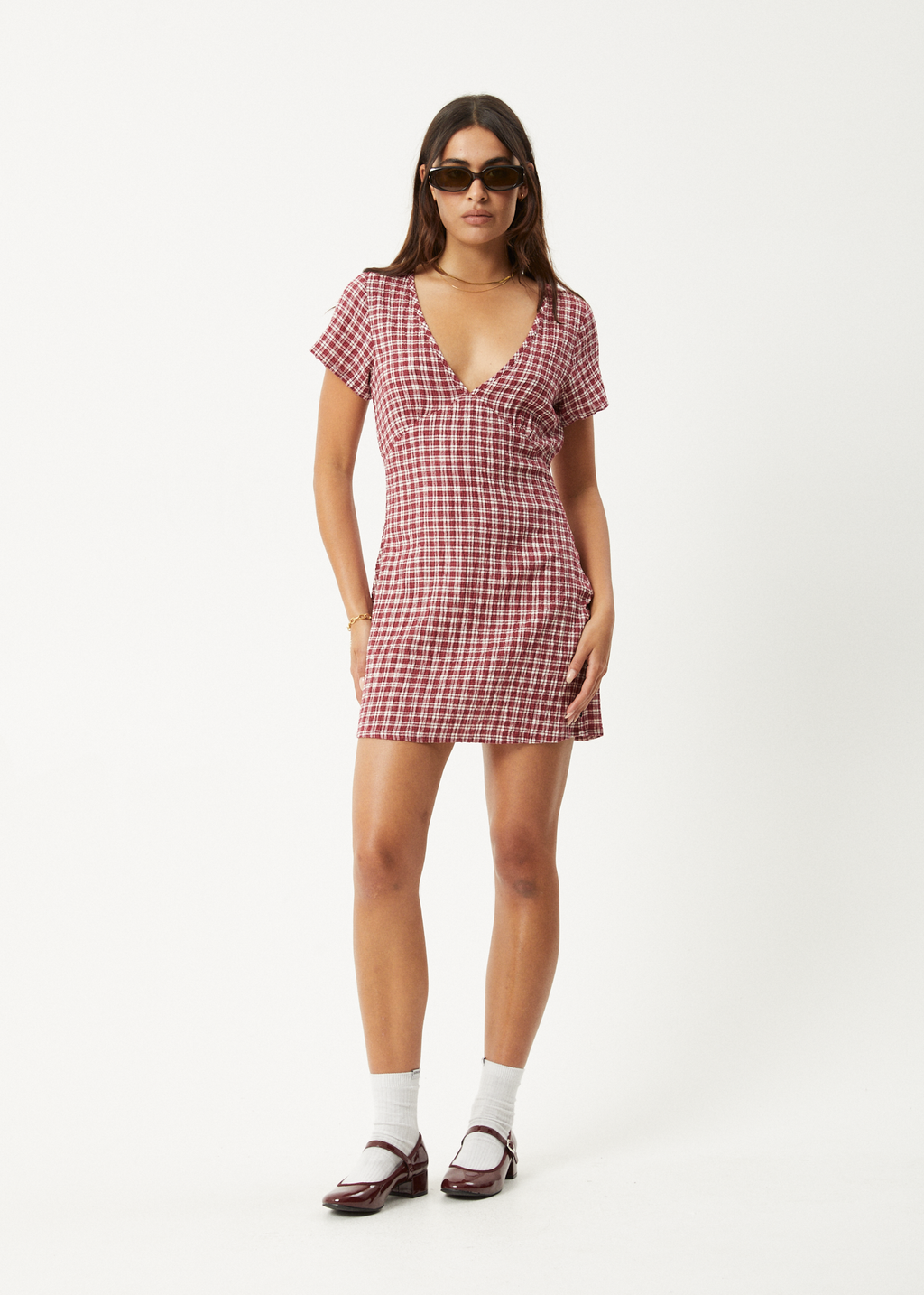 AFENDS Womens Base - Seersucker Mini Dress - Burgundy Check