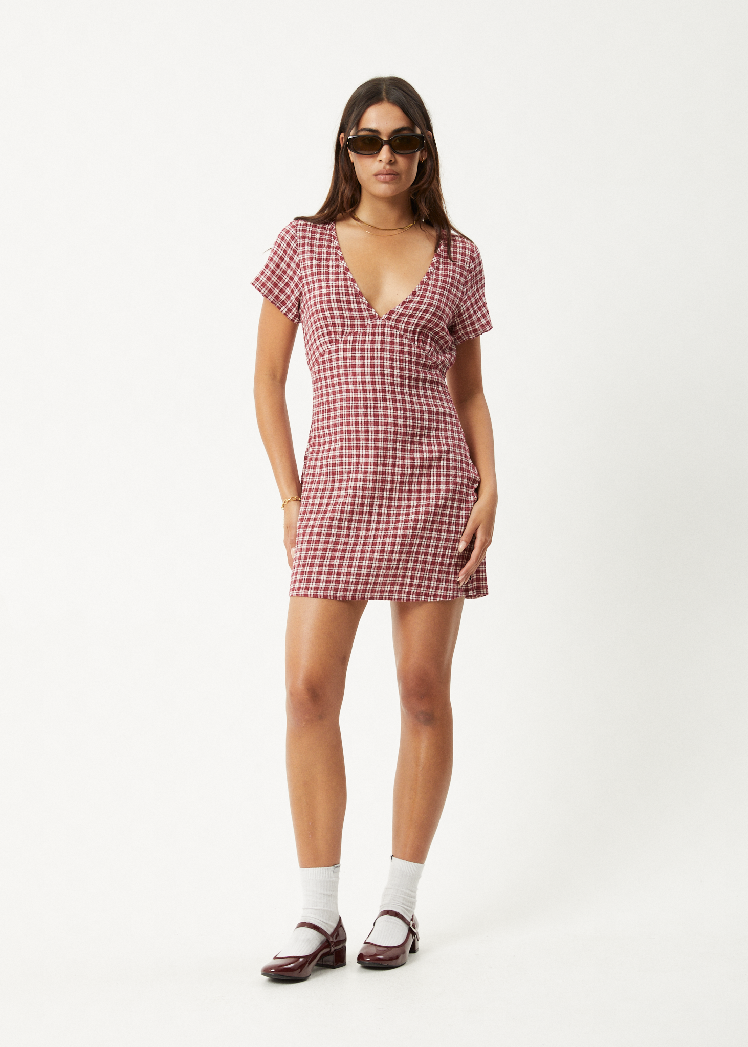 AFENDS Womens Base - Seersucker Mini Dress - Burgundy Check