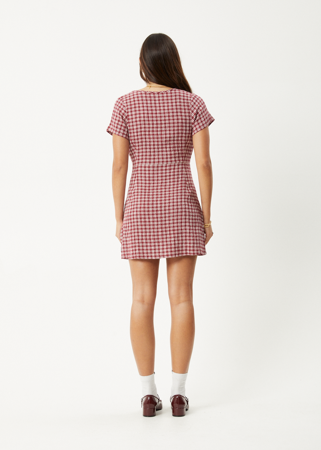 AFENDS Womens Base - Seersucker Mini Dress - Burgundy Check