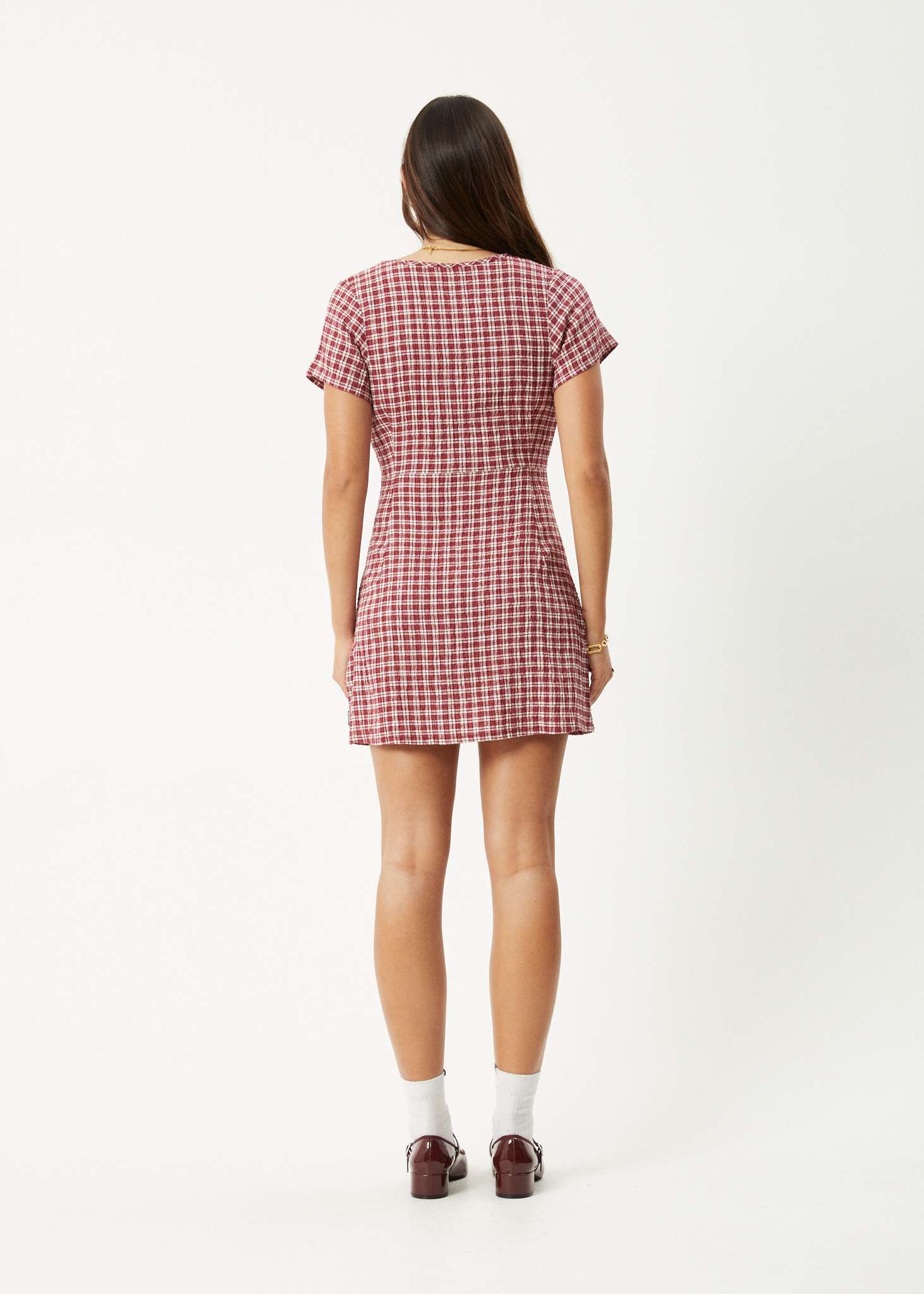 AFENDS Womens Base - Seersucker Mini Dress - Burgundy Check