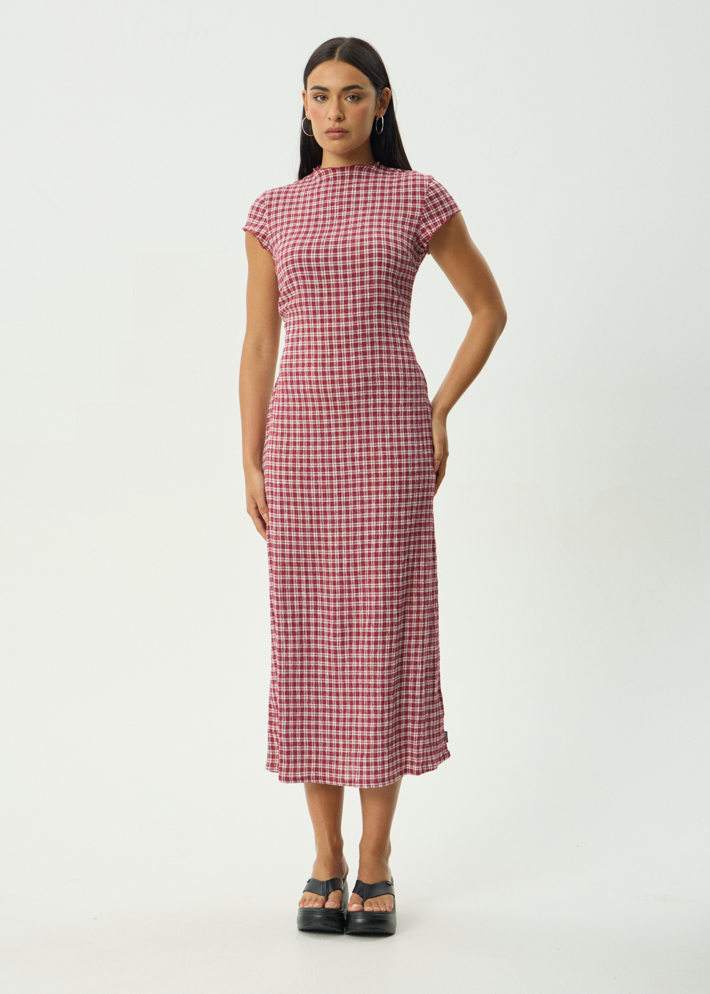 AFENDS Womens Base Elodie - Seersucker Midi Dress - Burgundy Check