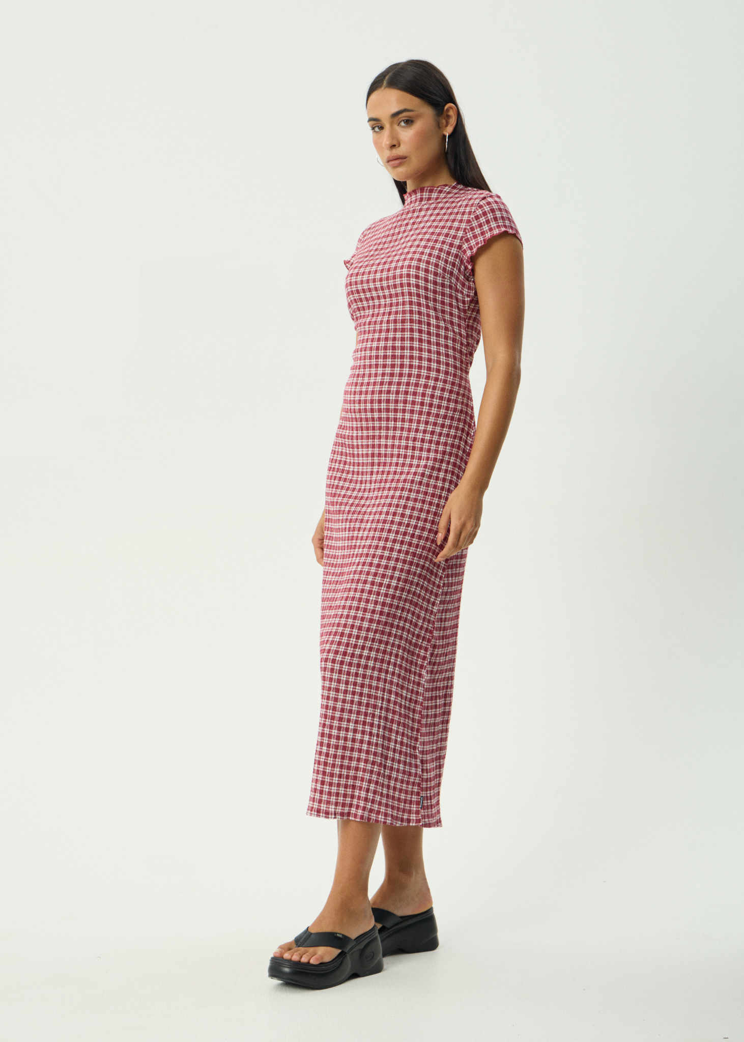 AFENDS Womens Elodie - Seersucker Midi Dress - Base Burgundy Check, L AFENDS Womens Elodie - Seersucker Midi Dress - Base Burgundy Check, L