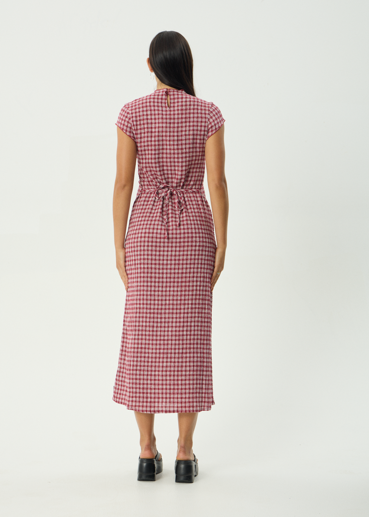 AFENDS Womens Base Elodie - Seersucker Midi Dress - Burgundy Check