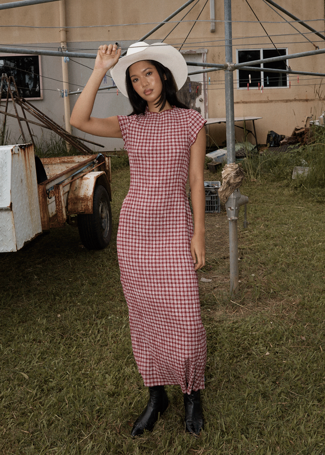 AFENDS Womens Elodie - Seersucker Midi Dress - Base Burgundy Check AFENDS Womens Elodie - Seersucker Midi Dress - Base Burgundy Check