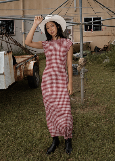 AFENDS Womens Elodie - Seersucker Midi Dress - Burgundy Check