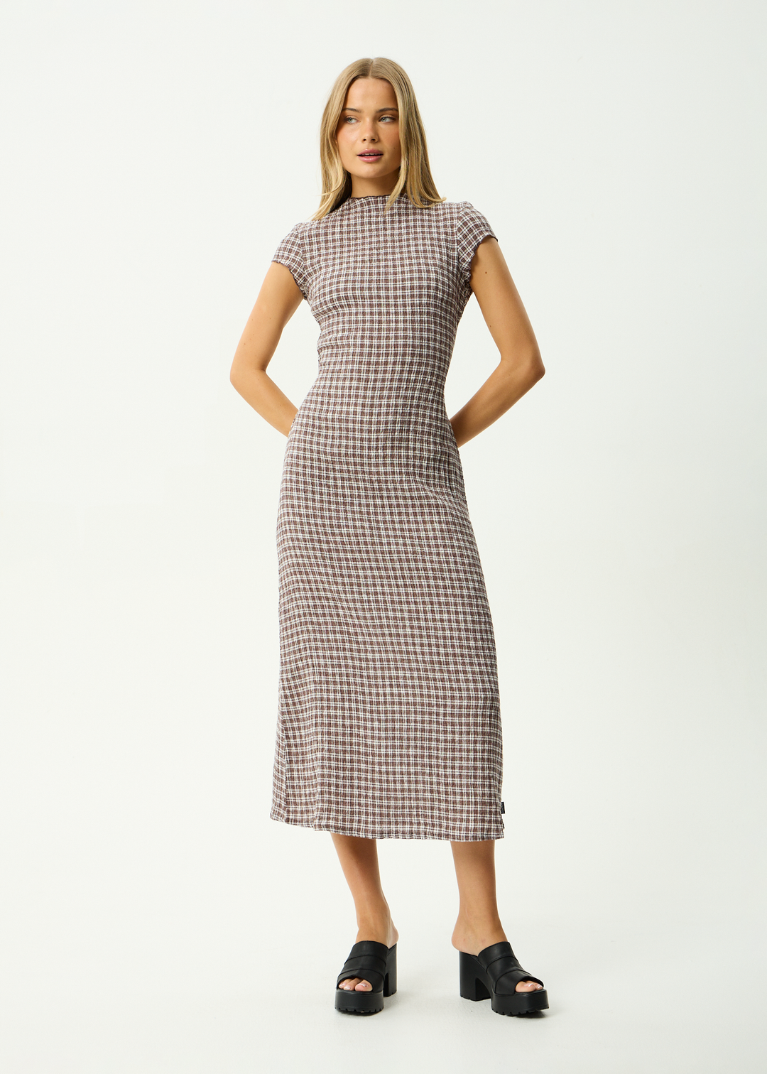 AFENDS Womens Base Elodie - Seersucker Midi Dress - Coffee Check