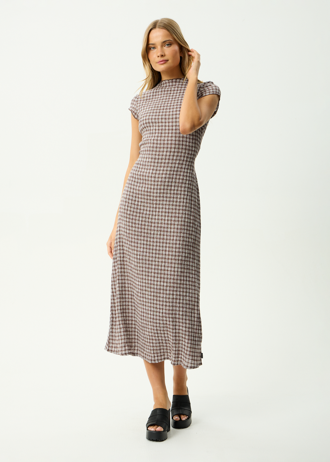 AFENDS Womens Base Elodie - Seersucker Midi Dress - Coffee Check