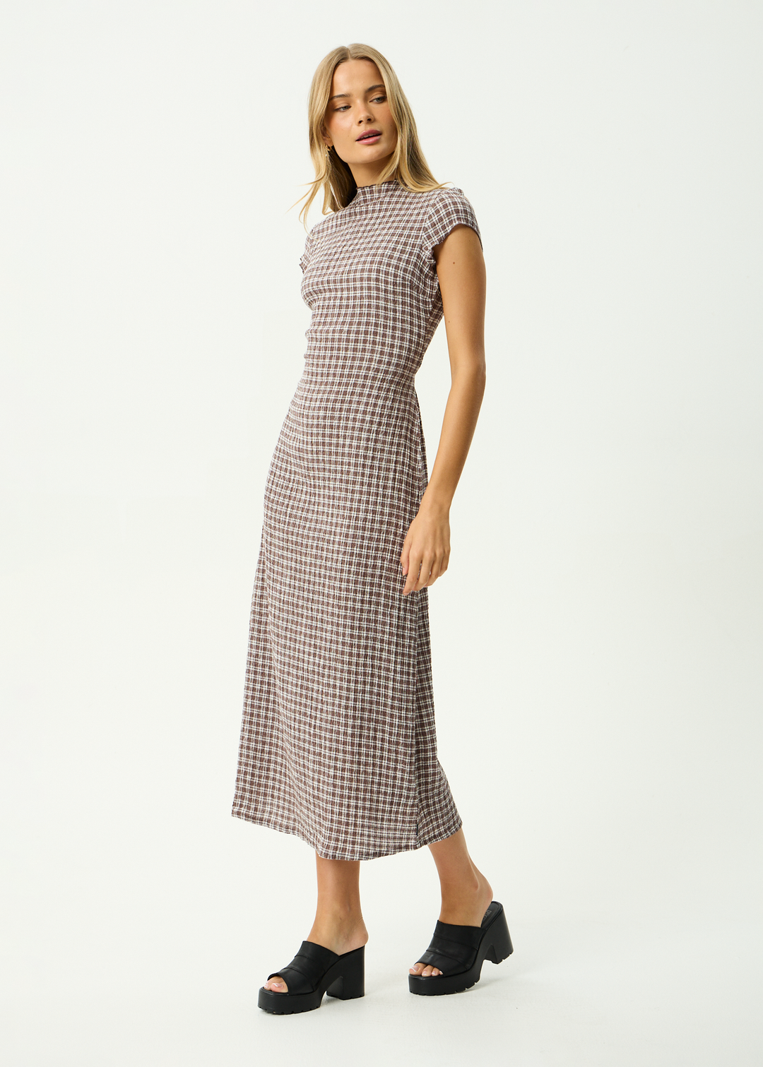 AFENDS Womens Base Elodie - Seersucker Midi Dress - Coffee Check