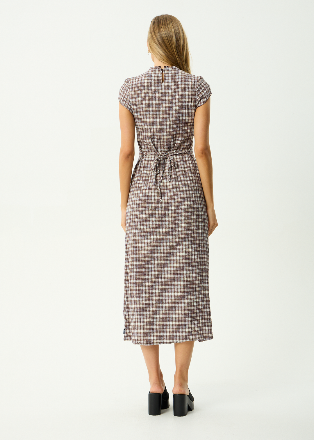 AFENDS Womens Base Elodie - Seersucker Midi Dress - Coffee Check