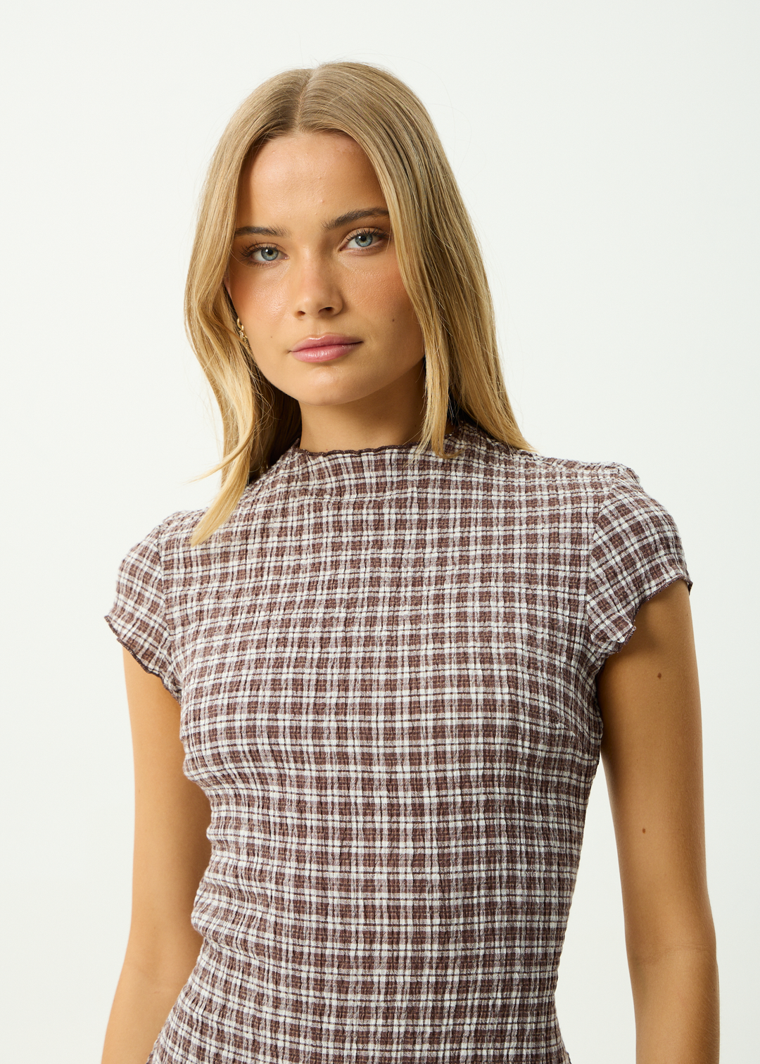 AFENDS Womens Base Elodie - Seersucker Midi Dress - Coffee Check