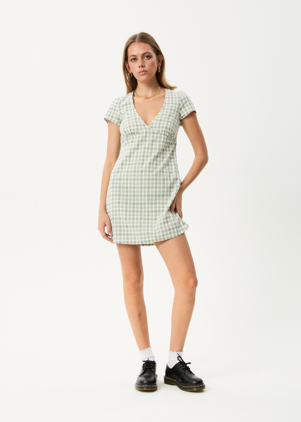 AFENDS Womens Leo - Seersucker Mini Dress - Green / White