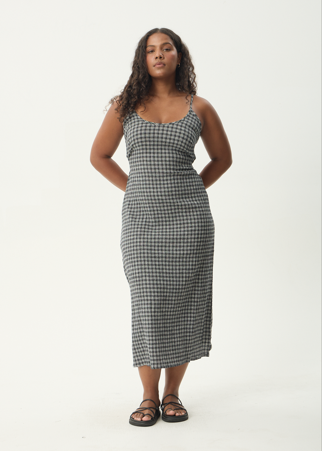 AFENDS Womens Asta Rumi - Seersucker Midi Dress - Steel Check