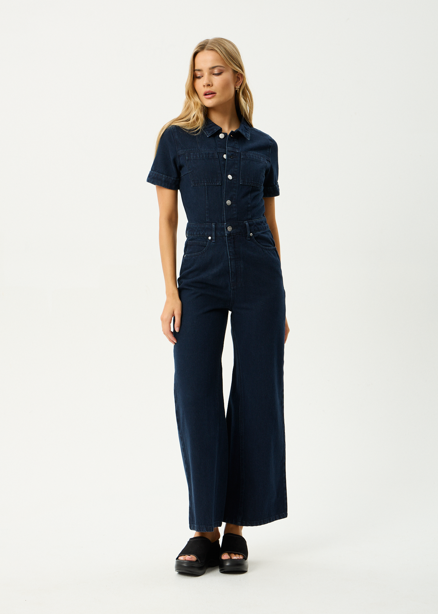 AFENDS Womens Weston Miami - Denim Flared Jumpsuit - Ink