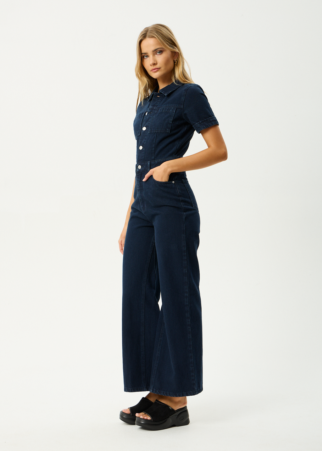 AFENDS Womens Weston Miami - Denim Flared Jumpsuit - Ink