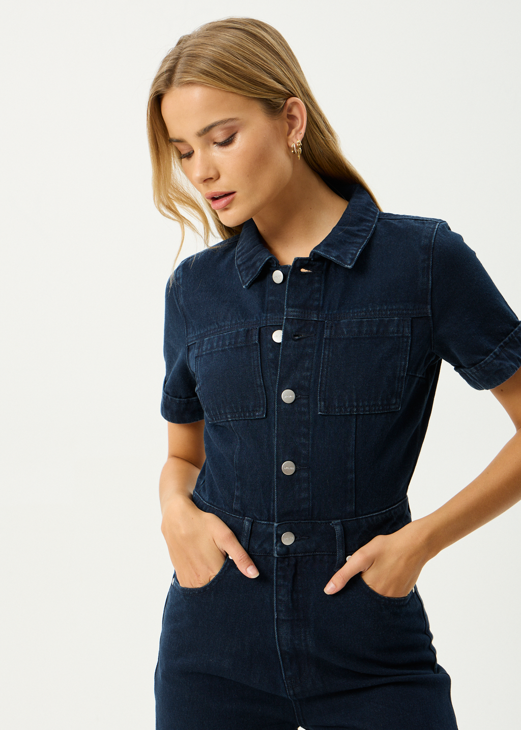 AFENDS Womens Weston Miami - Denim Flared Jumpsuit - Ink