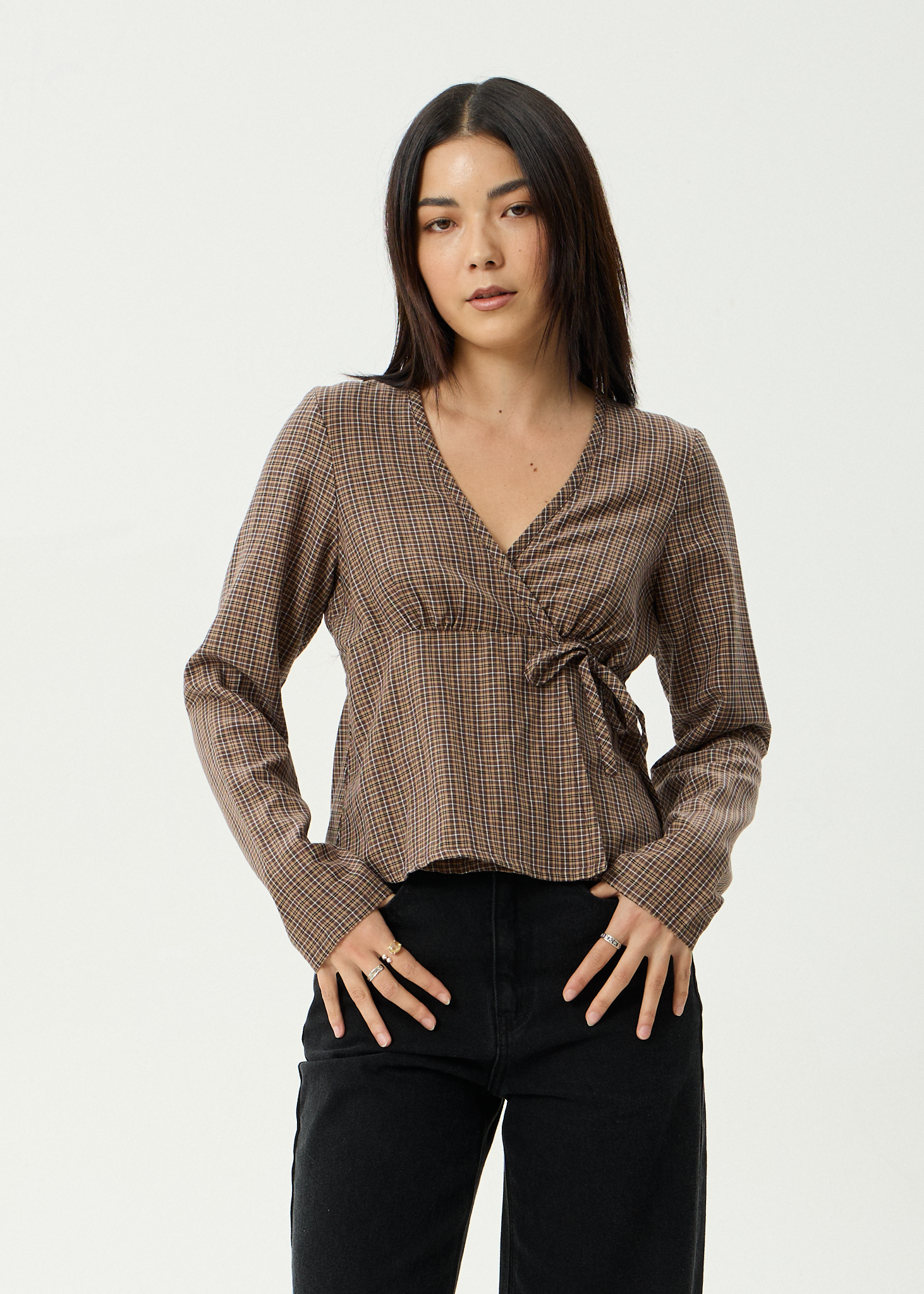 AFENDS Womens Hometown - Check Long Sleeve Top - Coffee