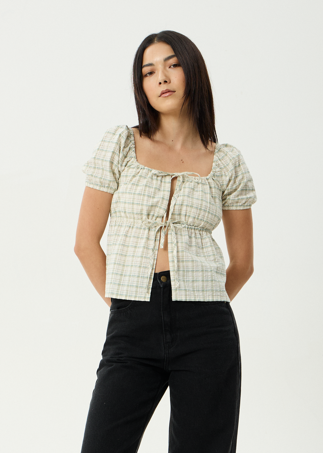 AFENDS Womens Legacy - Seersucker Tie Front Top - Boa Check