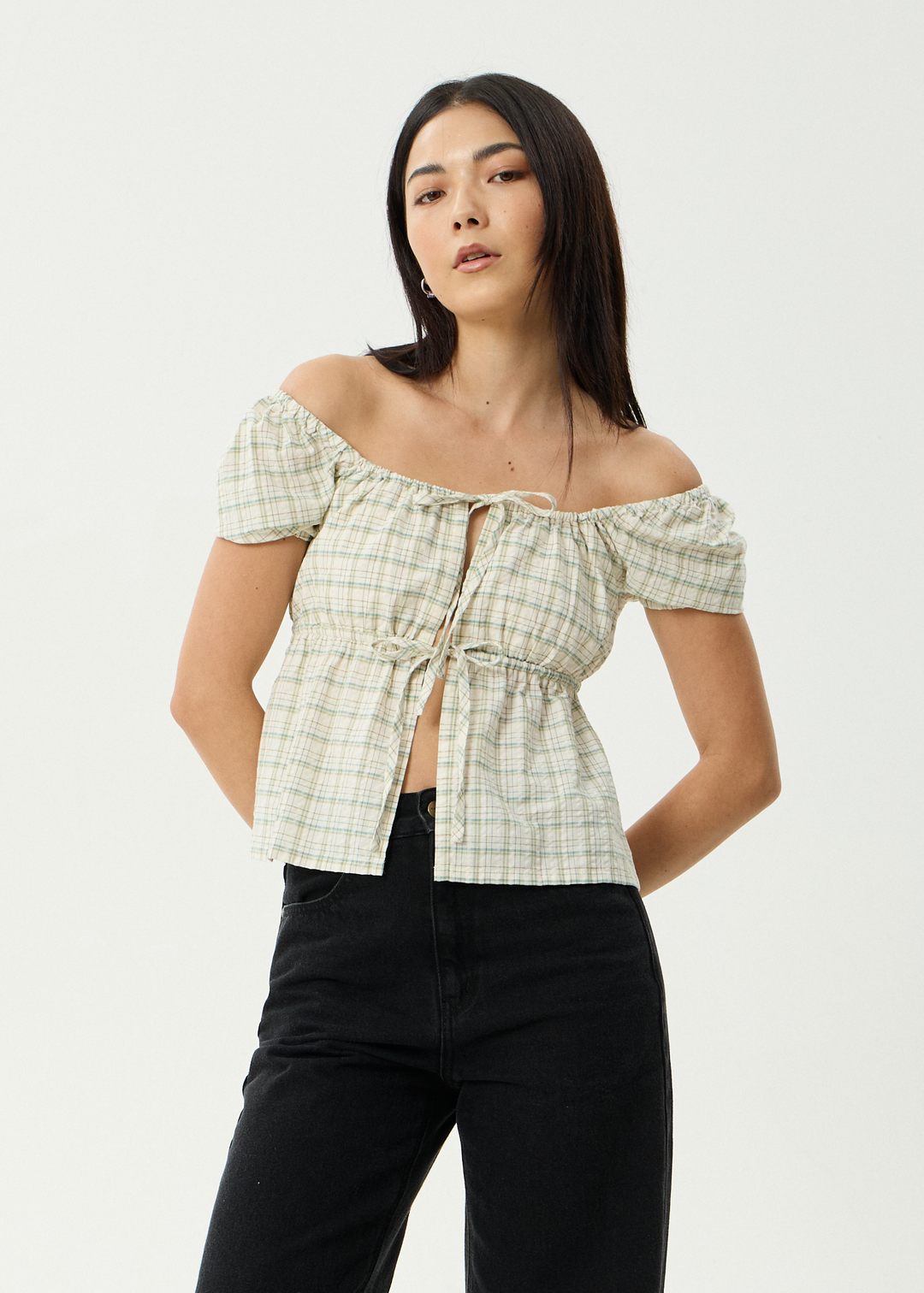 AFENDS Womens Legacy - Seersucker Tie Front Top - Boa Check